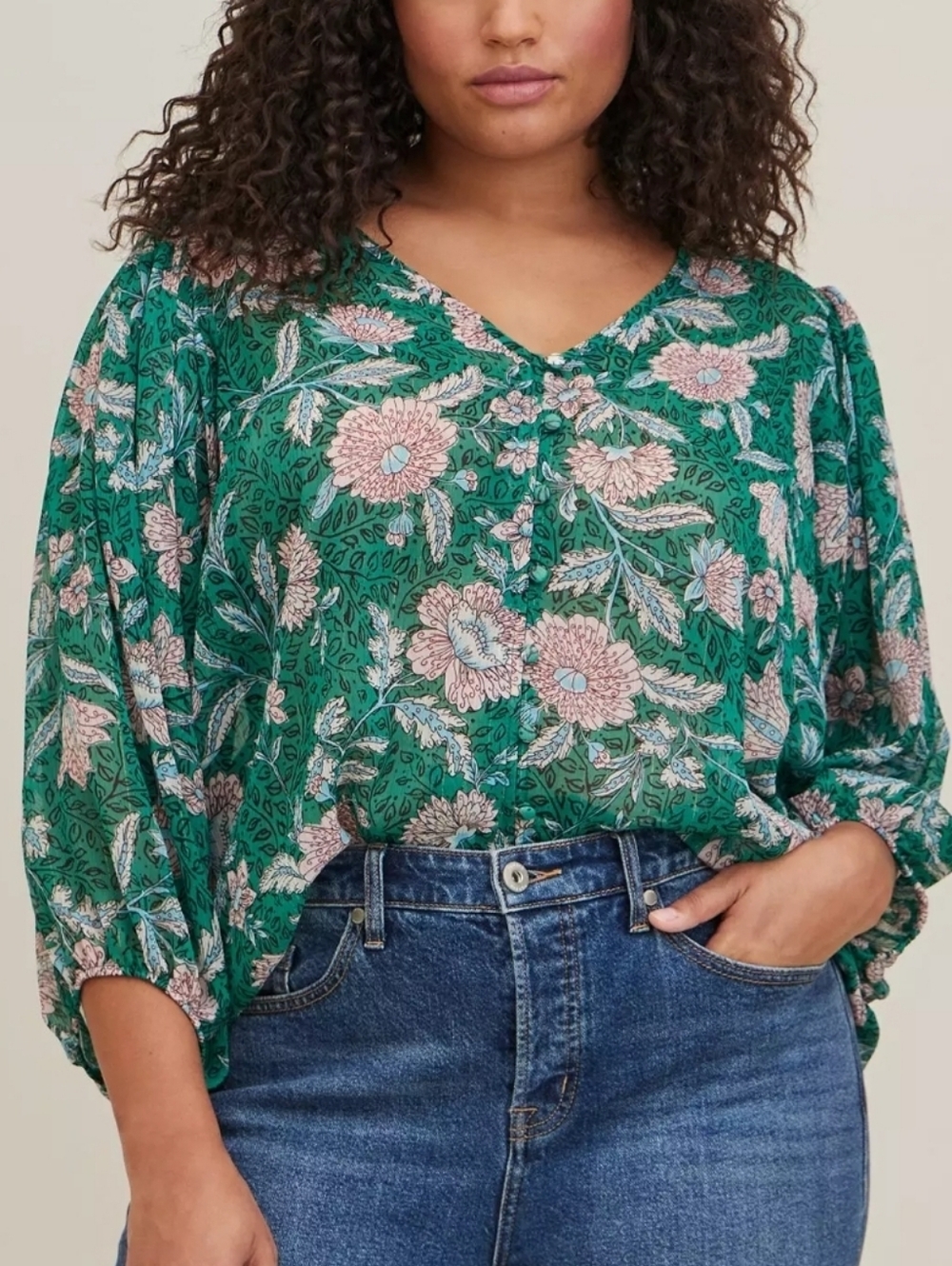 Torrid - Green Floral V-Neck Button-Front Blouse